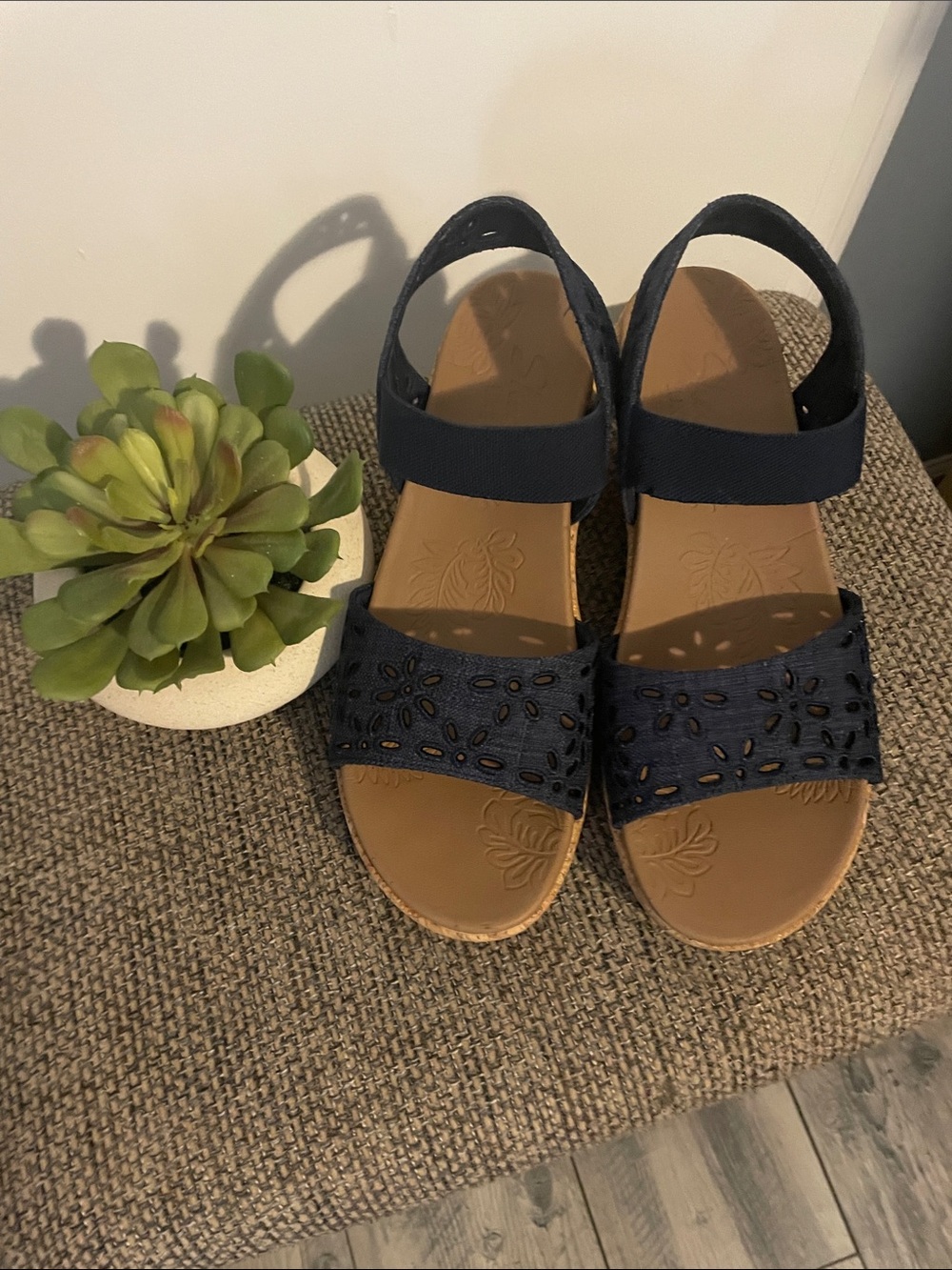 Skechers Navy Laser-Cut Ankle-Strap Sandals